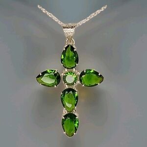 This Emerald Ethnic Spiritual Sterling Silver Plated Cross Pendant Necklace